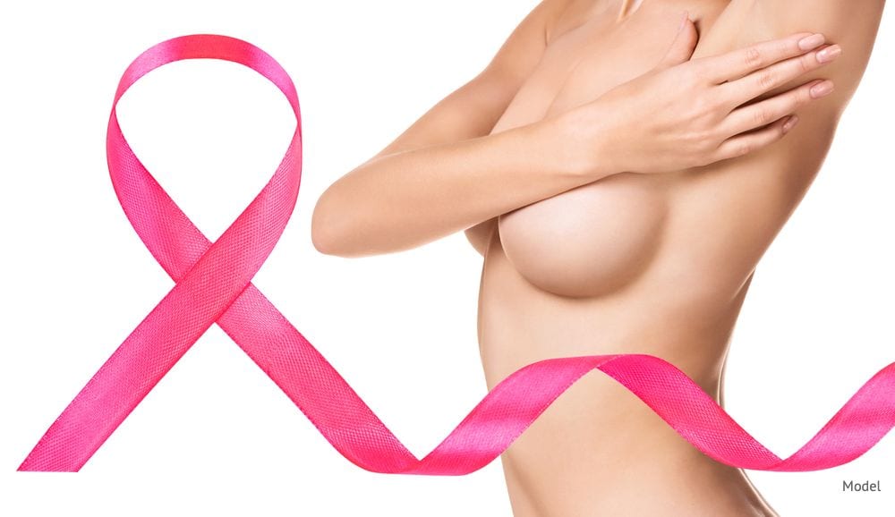 Woman covering her breasts near a pink ribbon signifying breast cancer