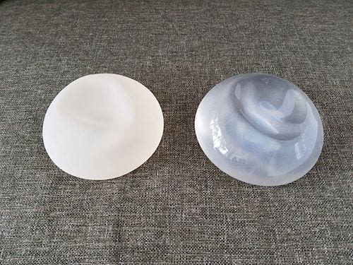 An example of a textured implant on the right and smooth implant on the left used for breast augmentation.