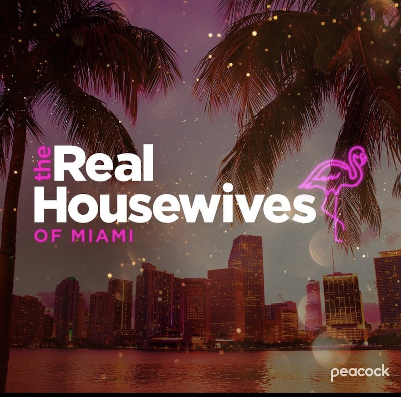 Real Housewives of Miami promo, title over Miami skyline and night.