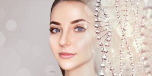 Beautiful woman with DNA strands superimposed on image