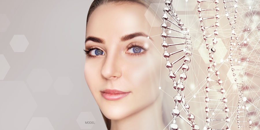 Beautiful woman with DNA strands superimposed on image
